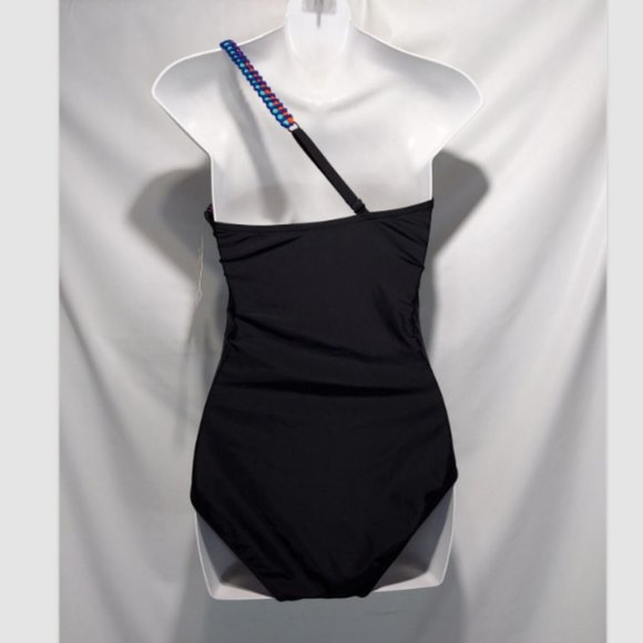 NEW Seekers Australia One Shoulder Embroidered Swimsuit Black Sz 8 - Picture 2 of 2